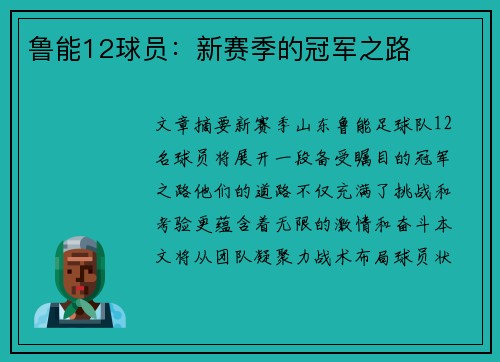 鲁能12球员：新赛季的冠军之路
